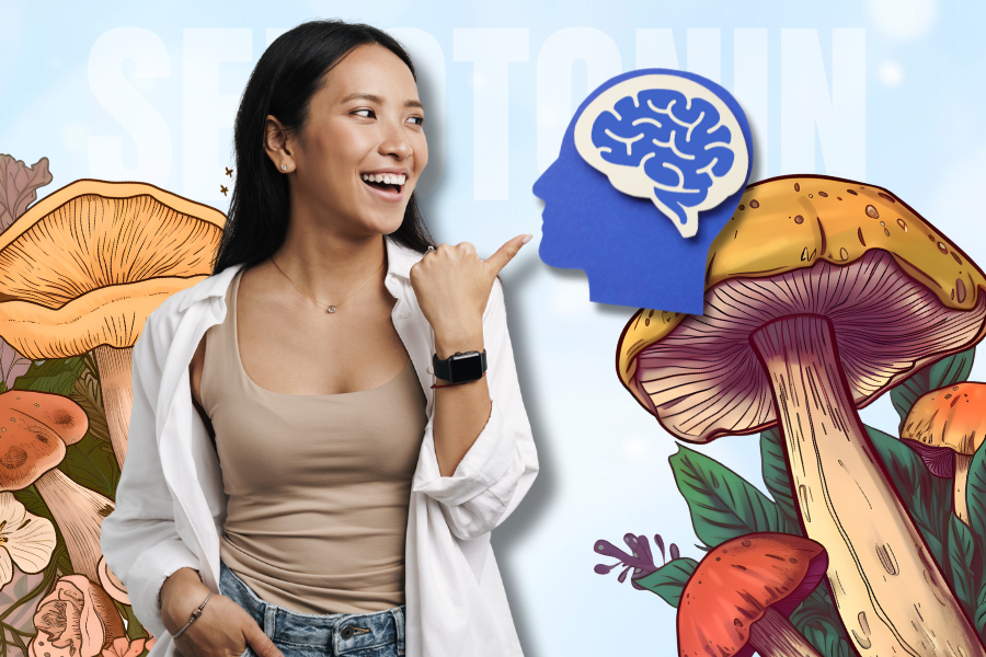 Smiling woman points to a brain graphic, surrounded by mushrooms, illustrating how psilocybin interacts with serotonin and mood regulation.