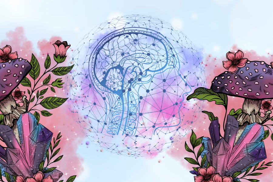 Visual for an article on how psilocybin interacts with serotonin and mood regulation, featuring brain profile, and psychedelic mushrooms.