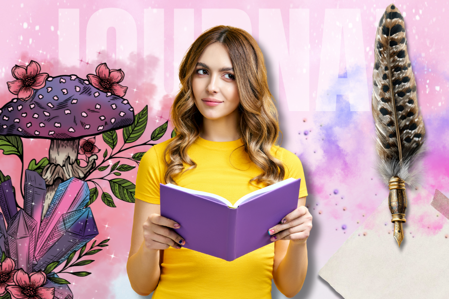 Woman in a yellow shirt holding an open purple journal, looking thoughtfully to the side, against a watercolor background. An illustration of a purple mushroom with crystals is on the left, and a quill pen and ink well are on the right. This image illustrates How to Journal During a Microdosing Protocol.
