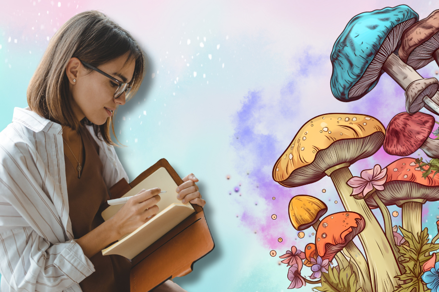 Woman in a yellow t-shirt holding an open purple journal and looking thoughtfully to the side against a pink and purple watercolor background. Illustrated next to her are a large purple spotted mushroom, pink flowers, and vibrant crystals. A large feathered quill pen is visible on the right. The image represents the concepts of a microdosing protocol and keeping a journal.