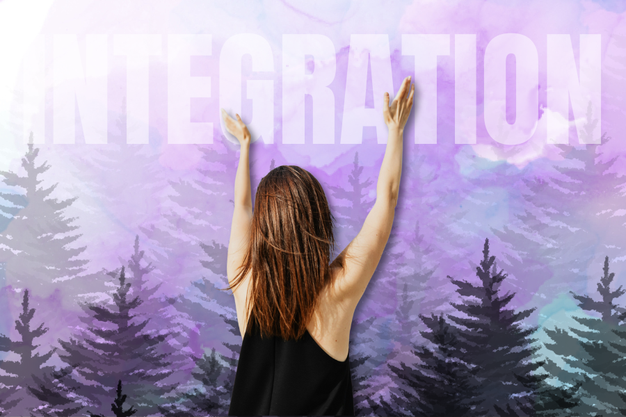 Integration Is Not a Checklist: Why Psilocybin Work Is Lifelong 2 A woman seen from the back, with brown hair, standing in front of a mystical, purple watercolor background of silhouetted pine trees. She is reaching up towards the large white text "INTEGRATION" that is overlaid on the background, suggesting a connection between personal effort, nature, and the process of integrating a profound experience.