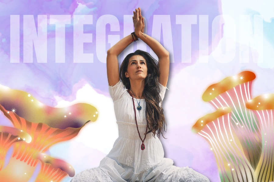 Woman in white attire seated in a meditative or yoga pose with hands raised above her head (anjali mudra variation) against a soft purple, ethereal background featuring stylized, glowing mushrooms on either side. The large text "INTEGRATION" is subtly visible across the top.
