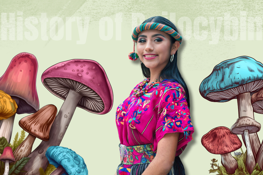 An illustration featuring a young Indigenous woman smiling in traditional vibrant clothing, surrounded by various colorful mushrooms (likely psilocybin types). The background has faint text that says "The History of Psilocybin Use in Indigenous Cultures."