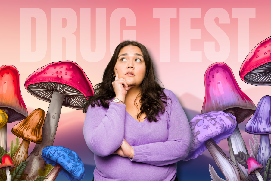 A woman standing in between magic mushrooms and behind her there is a text saying drug test simbolyzing psilocybin and drug testing