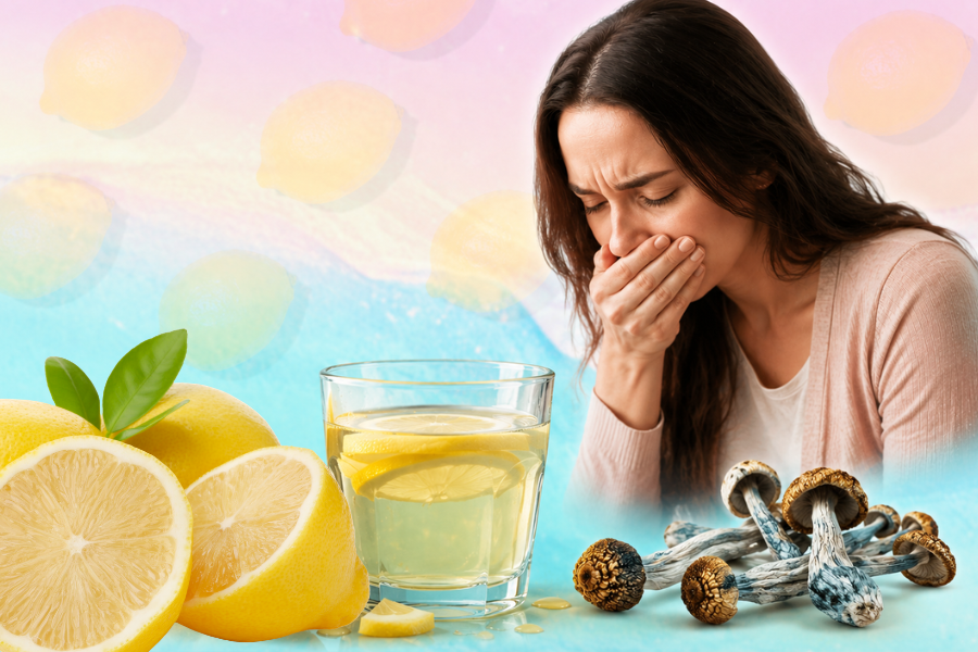 Woman experiencing nausea beside lemon water and psilocybin mushrooms on pastel lemon-themed background representing Lemon Tek and mushroom nausea relief.
