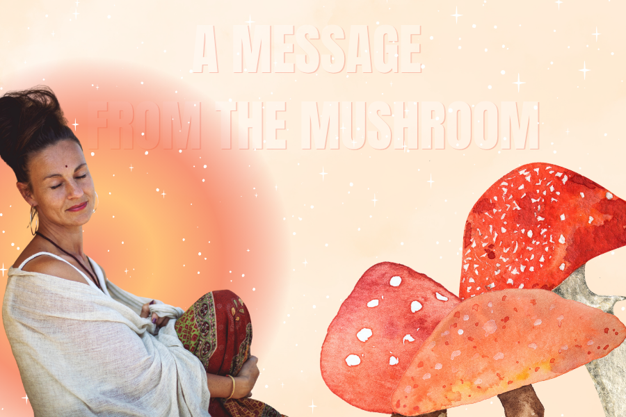 spiritual woman relaxed with the words a message from the mushroom overhead