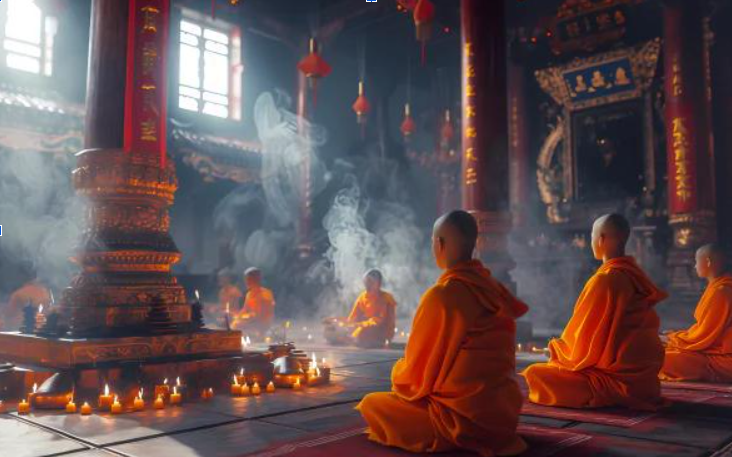 Buddhist monks in saffron robes seated in meditation among incense and candles in an ornate temple