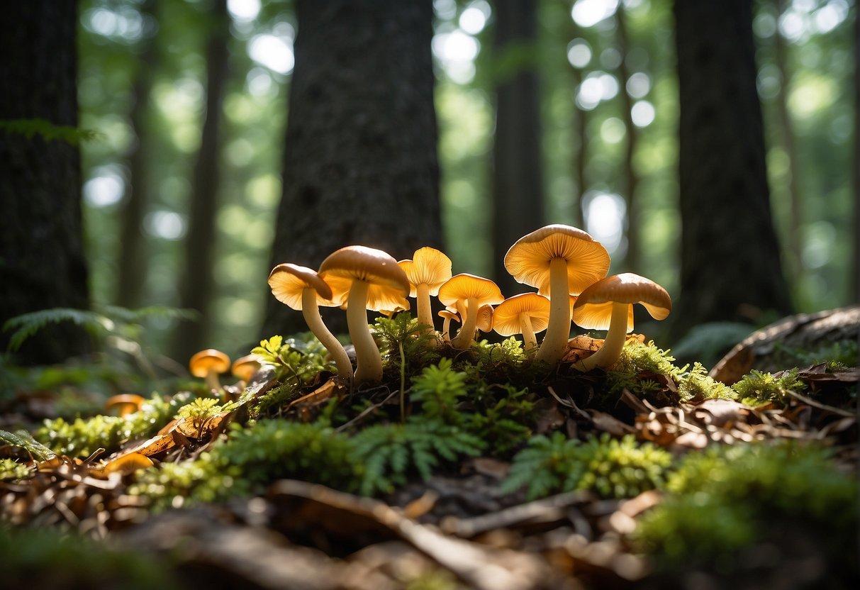 Cluster of golden-capped mushrooms growing on a mossy forest floor, evoking the Golden Teacher strain in its natural woodland habitat