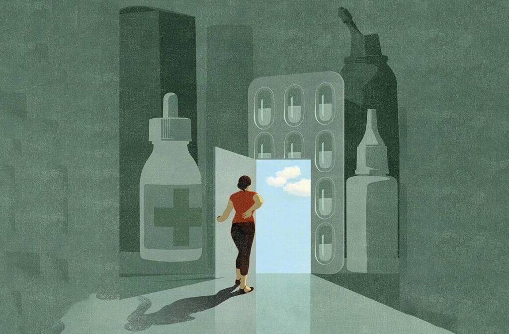 The Mental Health Revolution Happening Outside of Pharmacies 1 Illustration of a woman stepping through an open door out of a room filled with oversized pill packets and medicine bottles