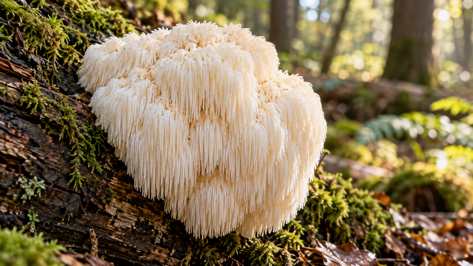 White Lion’s Mane mushroom growing on a moss-covered log in a sunlit forest.