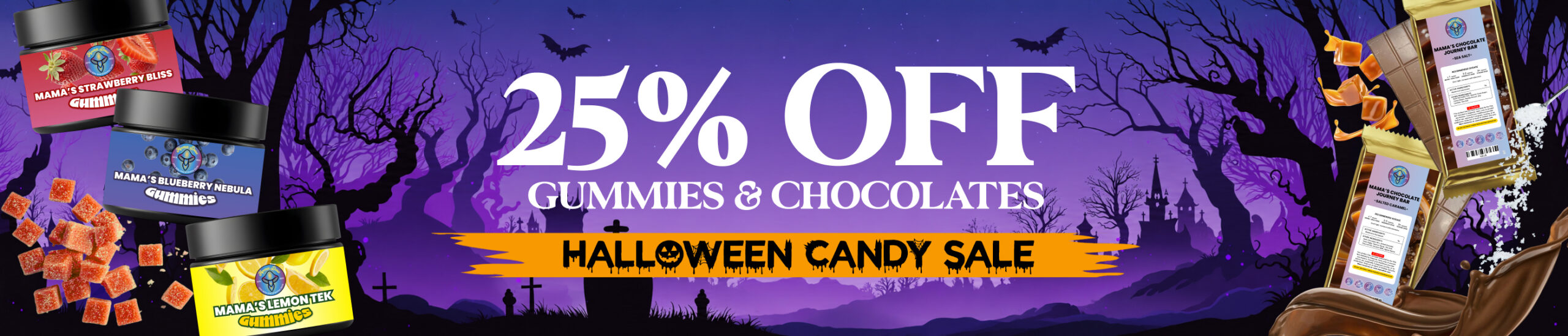 halloween sale 25 off gummies and chocolate web banner scaled