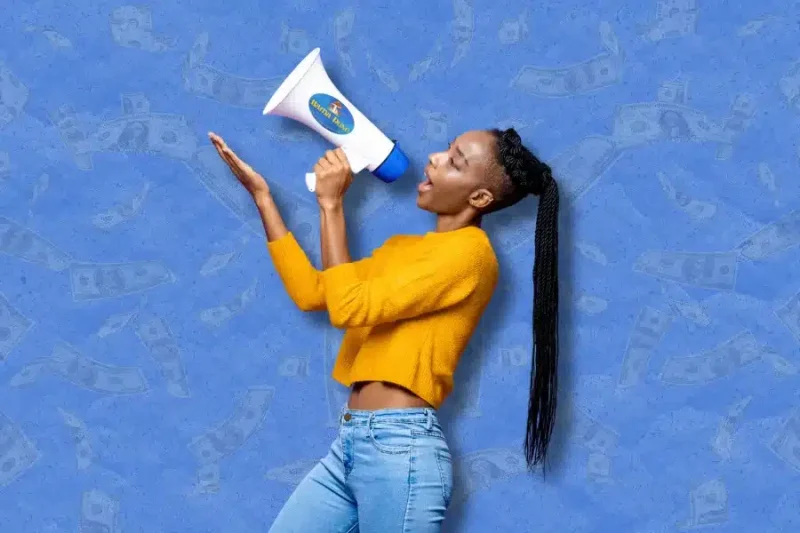A person in a yellow sweater uses a megaphone against a blue background adorned with floating money illustrations, promoting the latest Mama Dose affiliate campaign.