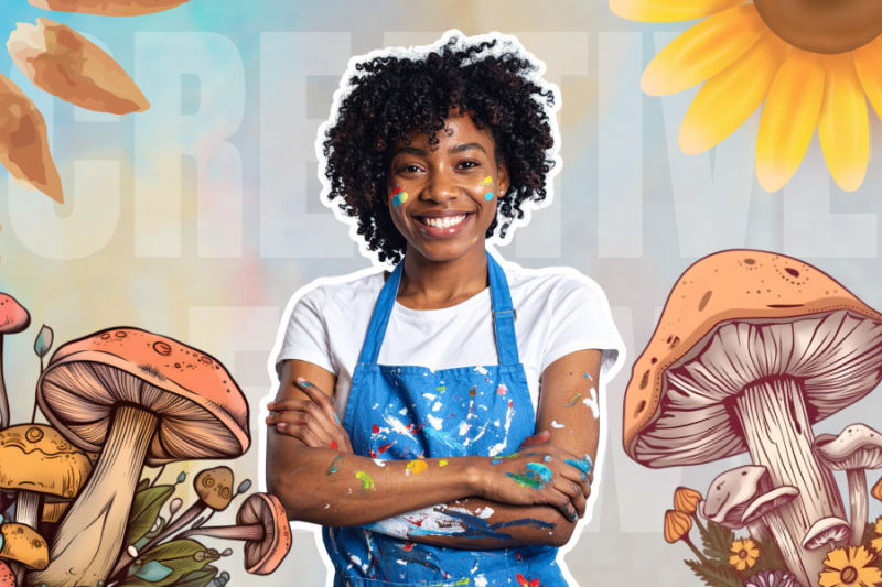 a creative person stadining behind her there are magic mushrooms and collage elements, and faded words "creative flow" depicing how mucrodosing may support creative flow