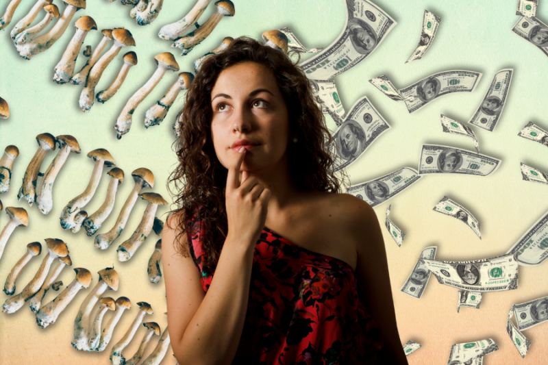 a woman thinking about How Much Do Shrooms Cost with a background featuring magic mushrooms and paper money