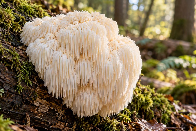 White Lion’s Mane mushroom growing on a moss-covered log in a sunlit forest.
