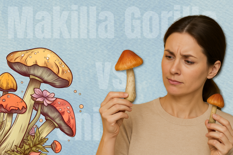 Woman holding two different mushrooms, looking at them with a curious and slightly puzzled expression, with illustrated mushrooms on the left side and the text “Makilla Gorilla vs Penis Envy” faintly visible in the background.
