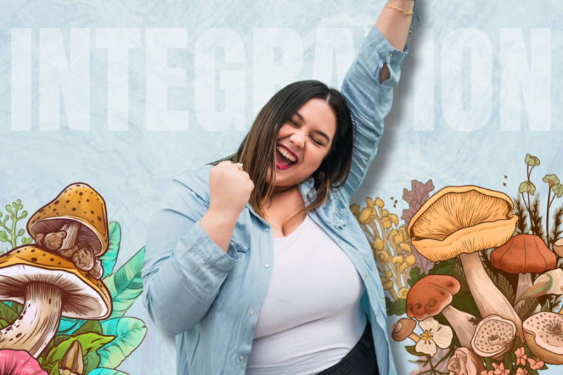 A joyful woman with dark hair and a denim shirt raises her arm in celebration, her mouth open in a happy shout. Behind her, the word "INTEGRATION" is faintly visible. The bottom of the image features an array of colorful, illustrated mushrooms and foliage, creating a vibrant border.