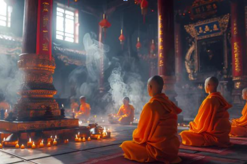 Buddhist monks in saffron robes seated in meditation among incense and candles in an ornate temple