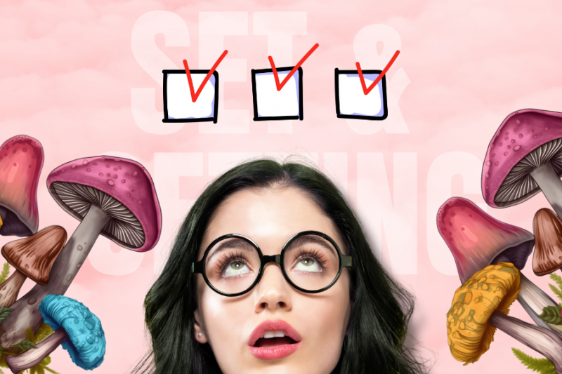 Woman looking at a set and setting checklist with magic mushrooms besides her