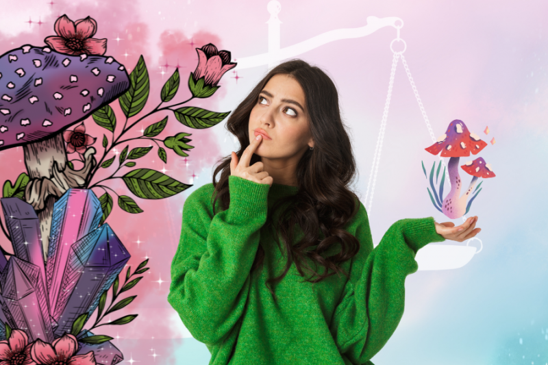 a woman thinking about different 1g 2g and 3g dosages of magic mushrooms while holding a mushroom and a scale is behind her depicting What to Expect in a 1 g, 2 g, and 3 g Psilocybin Journey