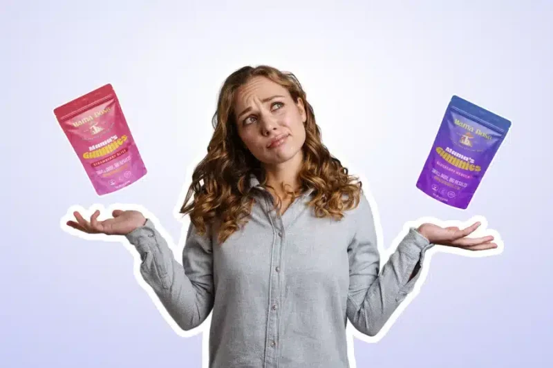 a woman questioning what are microdosing mushroom gummies while holding mamas gummies above her hands
