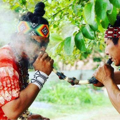 Two individuals wearing colorful headbands perform a ritual with a smoking pipe under tree branches.