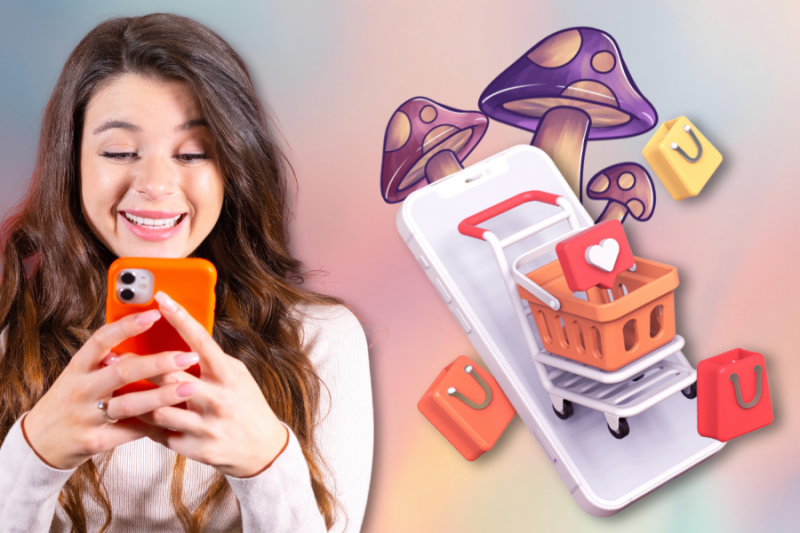 A woman beams at her phone as a digital shopping cart, mushroom graphics, and the phrase "Where Can I Buy Shrooms Online?" emerge from the screen, surrounded by colorful shopping bags on a pastel background, blending digital wonder with retail therapy.