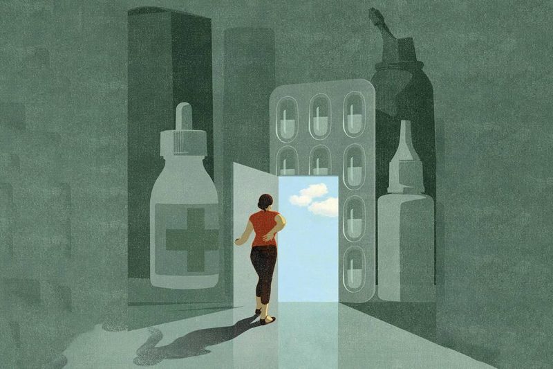 Illustration of a woman stepping through an open door out of a room filled with oversized pill packets and medicine bottles