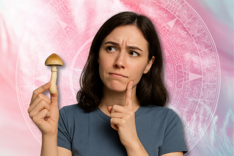 a woman holding a mushroom thinking about who discovered magic mushrooms on pastel background with aztec symbol in the background